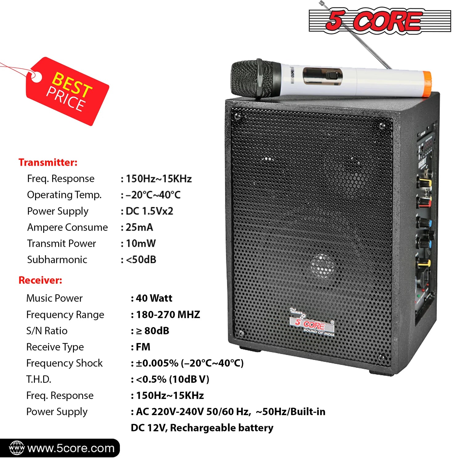 5Core Portable PA Speaker System 40W + Wireless Mic Rechargeable