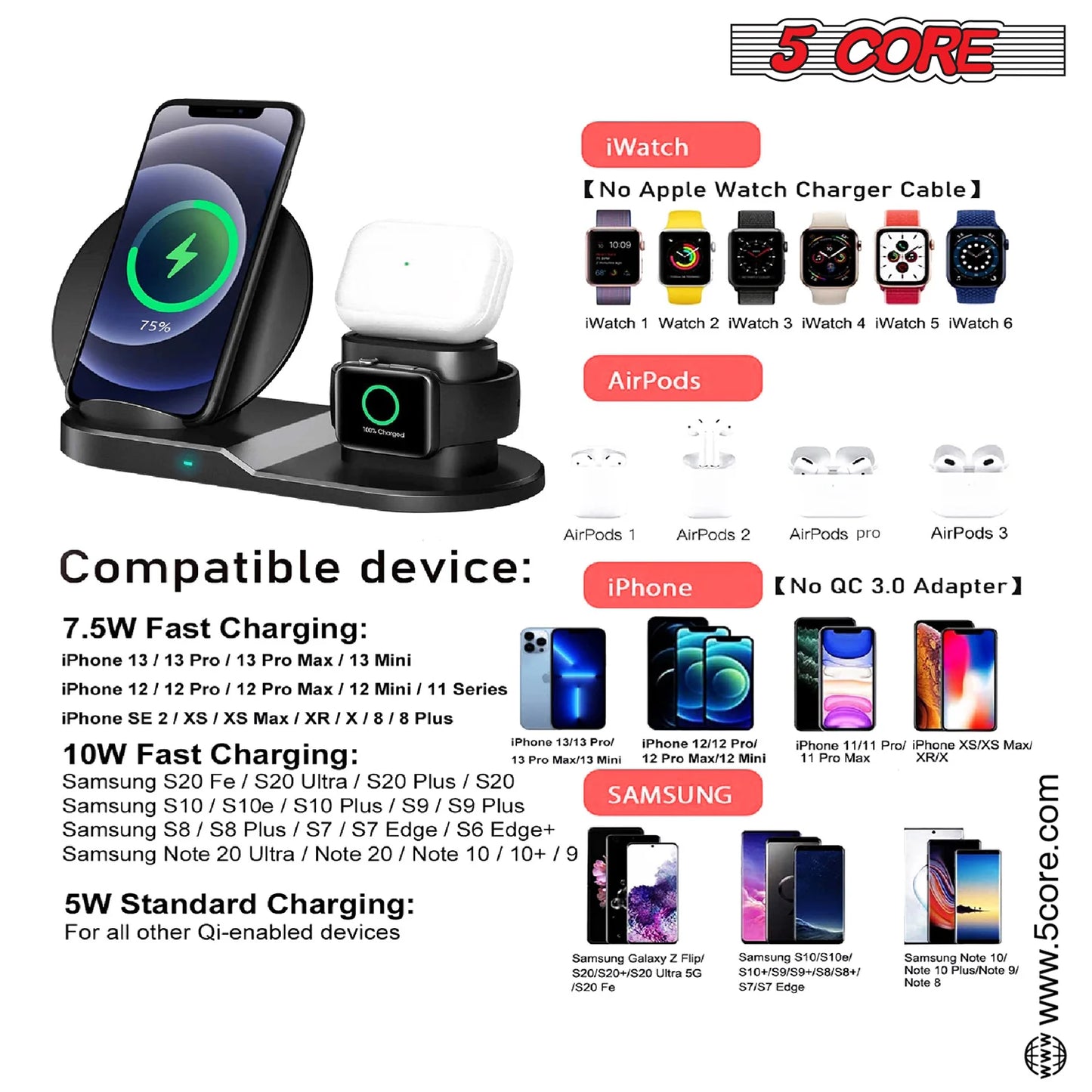 3 in 1 Wireless Charging Station 10W Phone, Watch And Earpod Charger