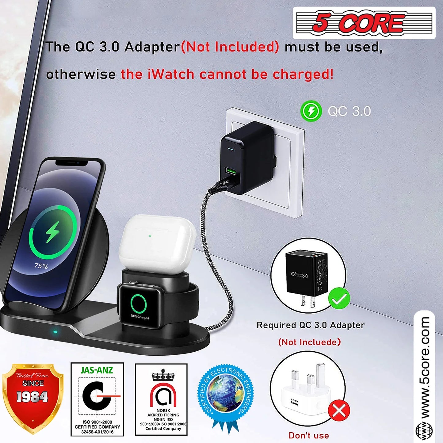 3 in 1 Wireless Charging Station 10W Phone, Watch And Earpod Charger