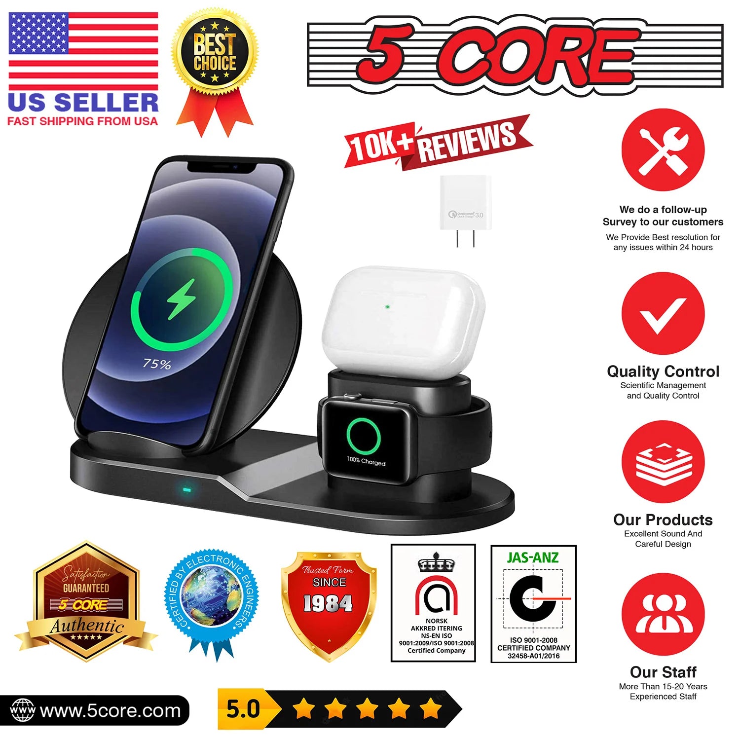 3 in 1 Wireless Charging Station 10W Phone, Watch And Earpod Charger